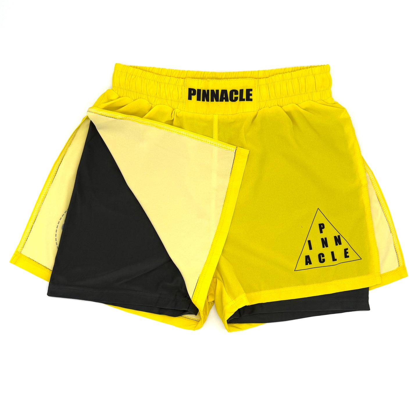 Yellow high-slit gladiator MMA shorts front view with built-in compression shorts exposed